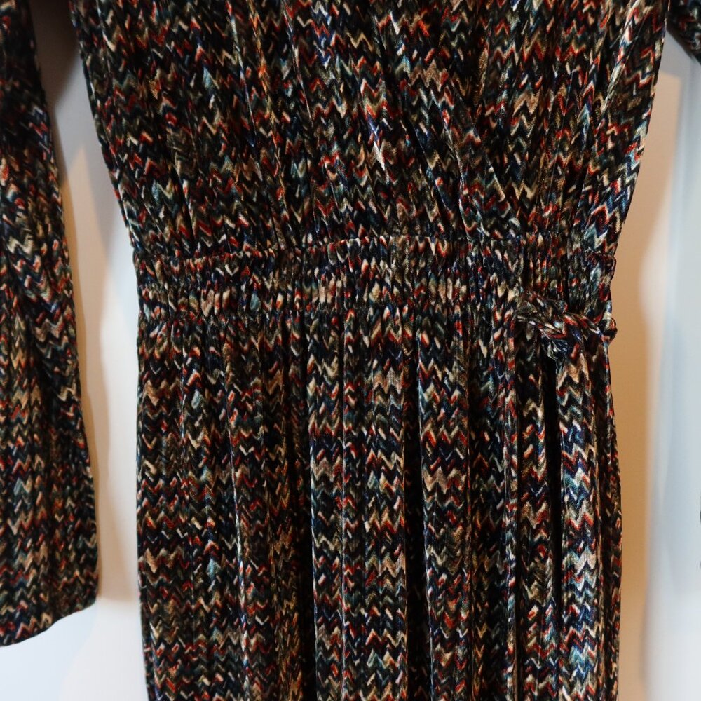 STRETCH VELVET VELOUR MAXI DRESS long faux wrap multicolor chevron print evening - Picture 8 of 11
